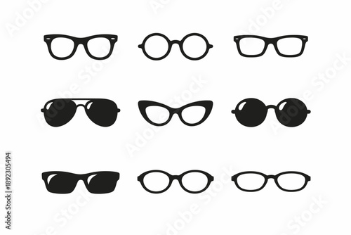 Collection of various trendy eyeglasses and sunglasses silhouettes
