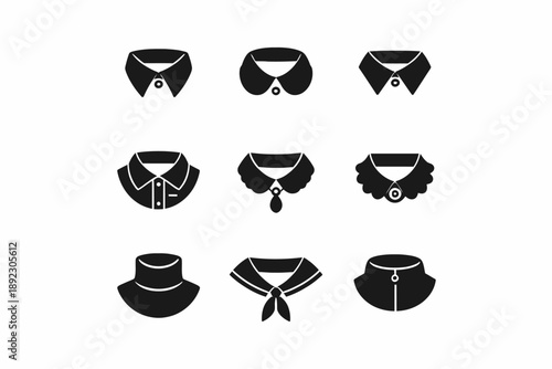 Set of nine black collar designs on white background