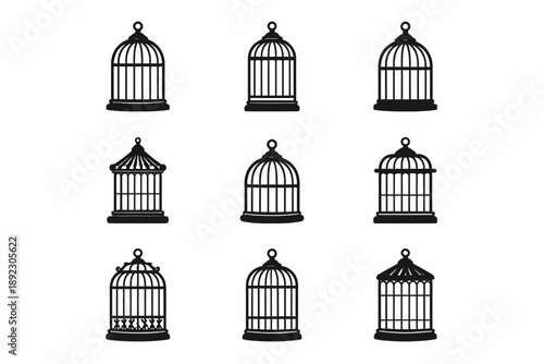 Collection of nine black bird cages in various designs and shapes