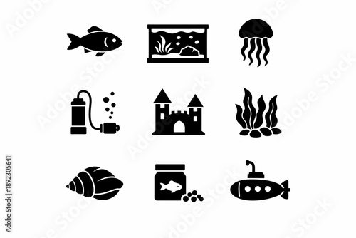Aquatic icons: fish, aquarium, jellyfish, submarine, marine life