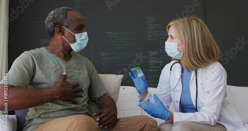 Explaining clinician white coat holding vial and syringe on home sofa patient placing hand on chest