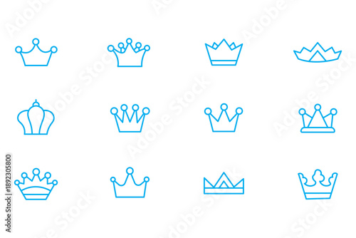 Doodle crowns. Line art king or queen crown sketch, fellow crowned heads tiara, beautiful diadem and luxurious decals vector illustration set. Royal head accessories linear collection
