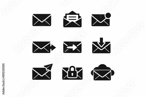Set of envelope icons including mail, notification, and security designs