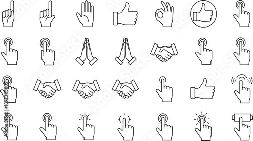 Hand Gesture Line Icon Set Featuring Click, Tap, Like, and Touch Actions for User Interface Interaction and Navigation Design