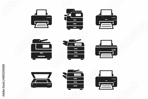 Collection of printer and scanner icons - office equipment silhouettes