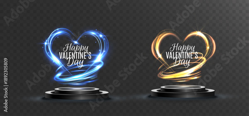 Glowing neon heart light effects floating above dark podiums, created with swirling luminous trails in blue, purple, and gold tones for romantic, futuristic, or celebration designs.