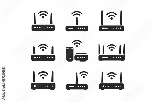 Variety of wireless internet routers and modems in black and white icons