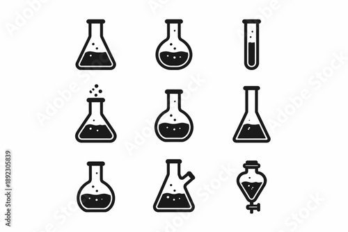 Collection of nine black laboratory flasks and test tubes illustrations