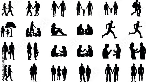 Family and social interaction silhouettes set showing couples, parents with children, friends walking, sitting, talking, running, everyday human relationships icons isolated on white background