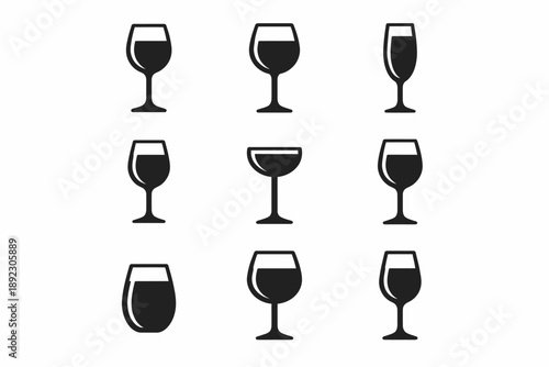 Collection of nine black wine glass icons in various styles