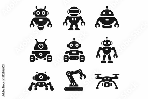 Set of nine black robot icons including drones and robotic arm