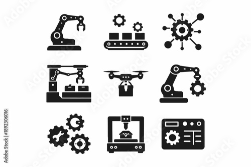 Industrial automation icons set featuring robots, gears, conveyor belt, drone