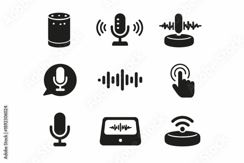 Voice assistant icons set featuring microphones and sound waves