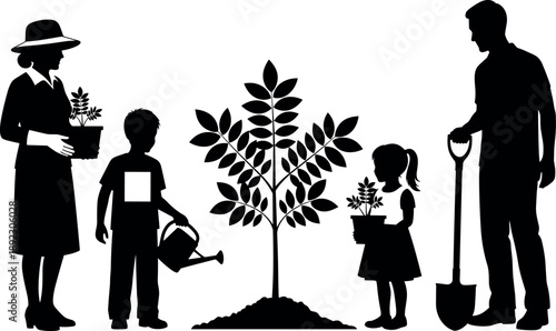 Family Tree Planting Silhouette Illustration Showing Parents and Children Gardening Together Environmental Education Nature Care and Sustainable Lifestyle Concept Isolated on White Background