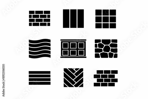 Black silhouette pattern set: brick, wood, tile, waves, herringbone, stone