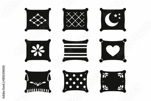 Set of nine decorative pillow icons: patterns and shapes