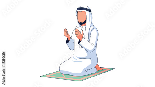 Submission to Divine: A figure kneels in humble prayer, enveloped in traditional attire, symbolizing the heart of faith and reflection.