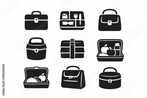 Icon set of lunchboxes and food containers in various styles