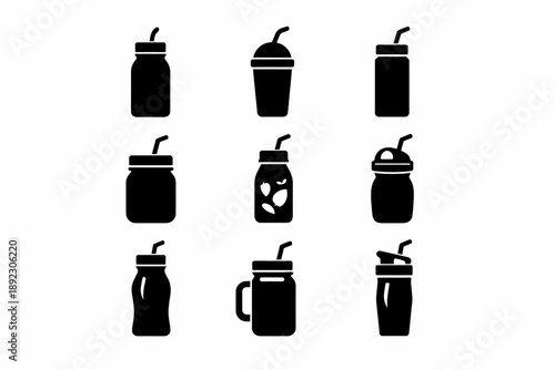 Set of nine black silhouette beverage and smoothie cups with straws
