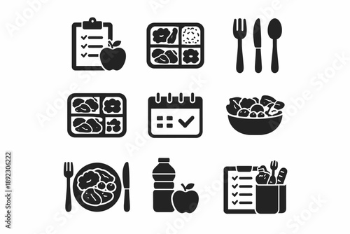 Healthy meal planning icons: food, checklists, and nutrition symbols