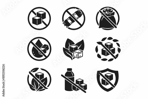 Sugar-free icons set: no sugar, healthy, natural ingredients, beverage