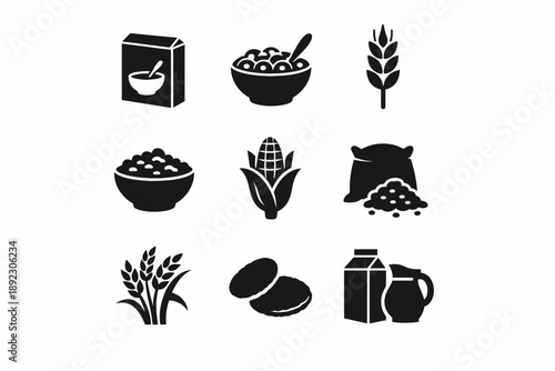 Cereal icons: box, bowl, wheat, corn, grains, milk