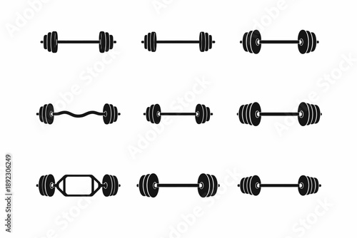 Variety of dumbbells and barbells illustration on white background