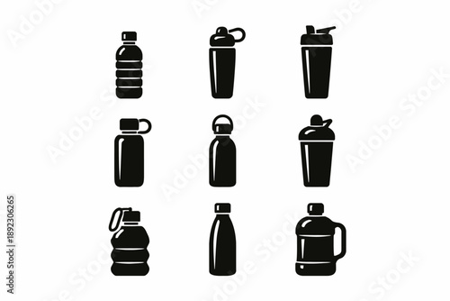 Collection of nine black water bottle icons in various shapes
