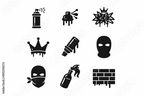 Street art symbols: spray cans, crowns, masks, molotov, brick wall, drips