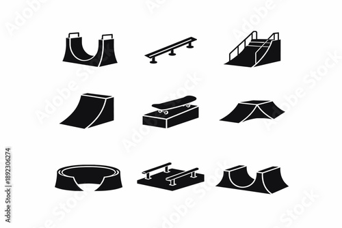 Silhouette icons of various skatepark ramps and features