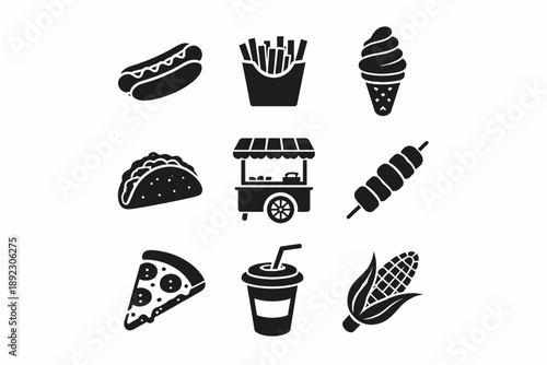 Collection of iconic street food icons including pizza and ice cream