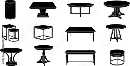 Furniture table silhouettes collection featuring round and square tables, coffee tables, side tables, stools, modern and classic designs, interior furniture icons isolated on white background