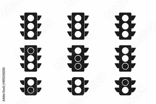 Traffic light icon set with various light configurations on white background