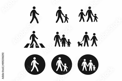Black silhouette icons of people walking individually and in groups