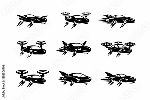 Futuristic flying cars with rocket and drone elements - black silhouette icons