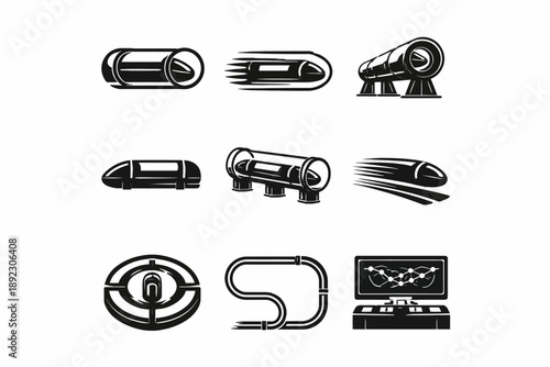 Futuristic transportation: hyperloop pod and infrastructure icon set
