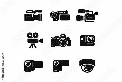 Collection of nine unique black camera and camcorder icons
