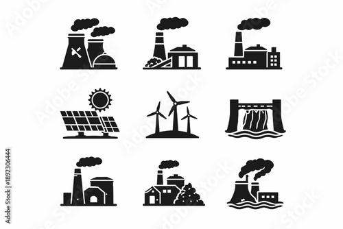 Icon set of various energy sources including renewable and non-renewable