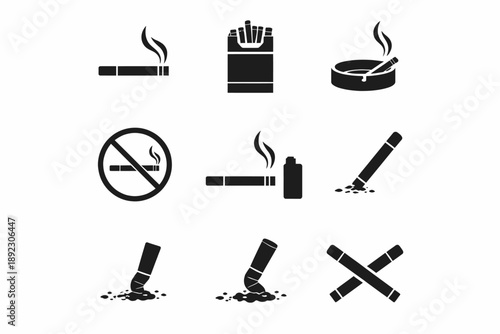 Collection of smoking icons: cigarettes, ashtray, and no smoking symbol