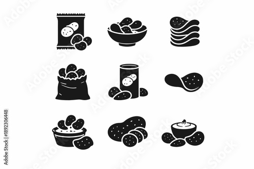 Nine varieties of potato chips: bags, bowls, canisters, and loose chips in black silhouette icons