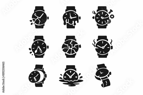 Vector icons of broken watches illustrating various damage styles