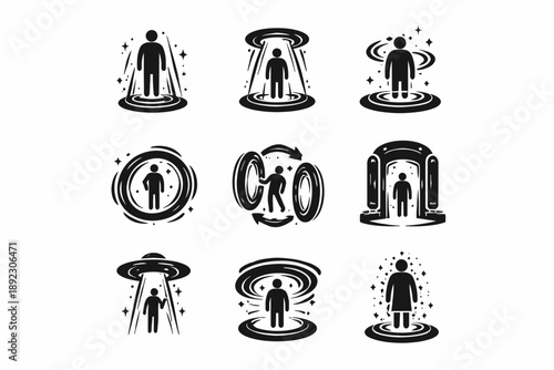 Futuristic human teleportation icons with sci-fi elements
