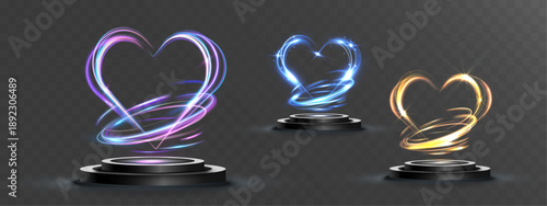 Glowing neon heart light effects floating above dark podiums, created with swirling luminous trails in blue, purple, and gold tones for romantic, futuristic, or celebration designs.