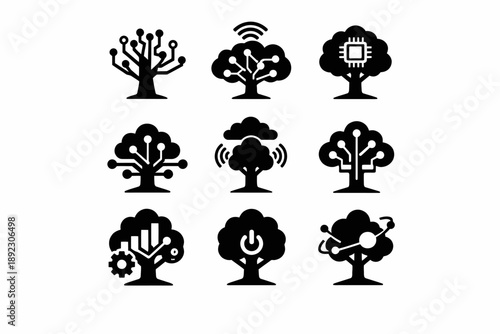 Technology tree icons with chip, wifi, and gear elements