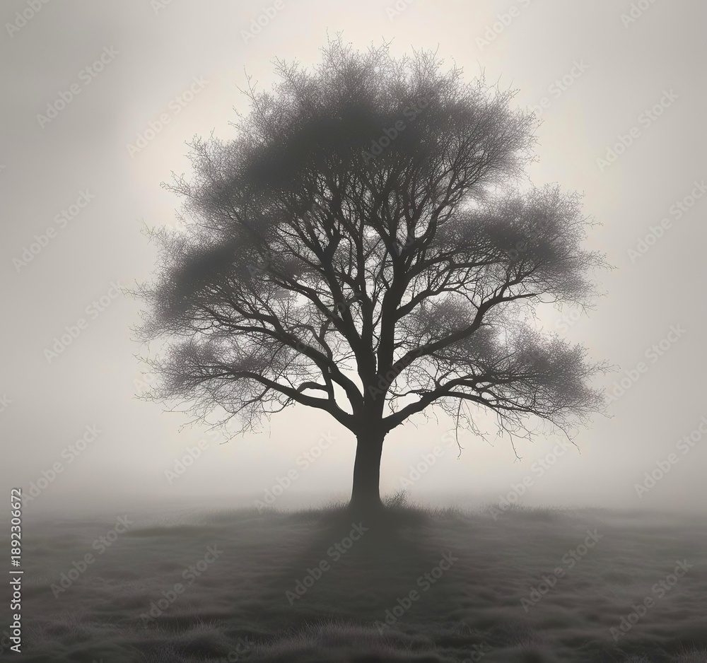 Obraz premium Spring landscape with tree silhouette in fog, minimal composition, dreamy and mysterious mood