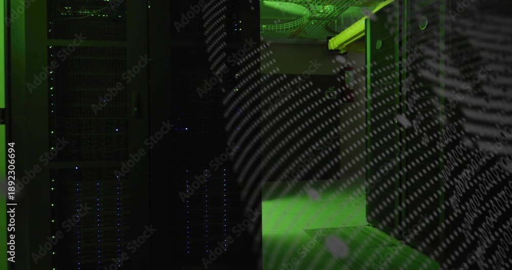 Naklejka premium Lining server racks glowing status LEDs in server room showing fingerprint bits overlay, copy space