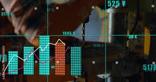 Placing tech's hand holding metal under drill press at shop, flannel sleeve and data charts overlay