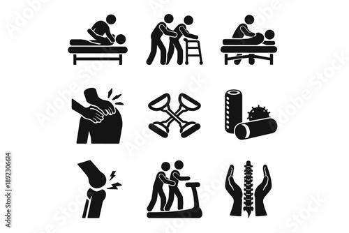 Physical therapy icons: massage, exercise, rehabilitation, mobility aids, spine health