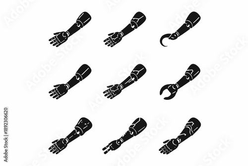 Silhouette variations of prosthetic arms and hands with diverse designs