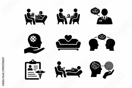 Counseling and therapy icons: mental health and support concepts illustrated